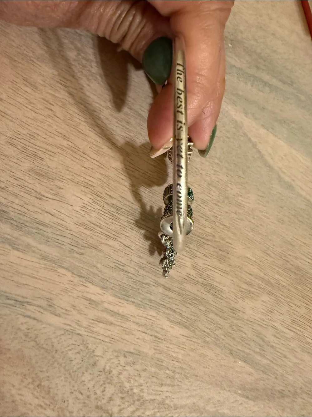 Pandora Silver Bangle with Green Crystal clips and winter theme charms